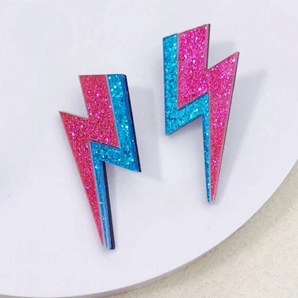 Retro 80's Blue and Pink Glitter‎ Lightning Bolt Statement Earrings - Picture 2 of 3